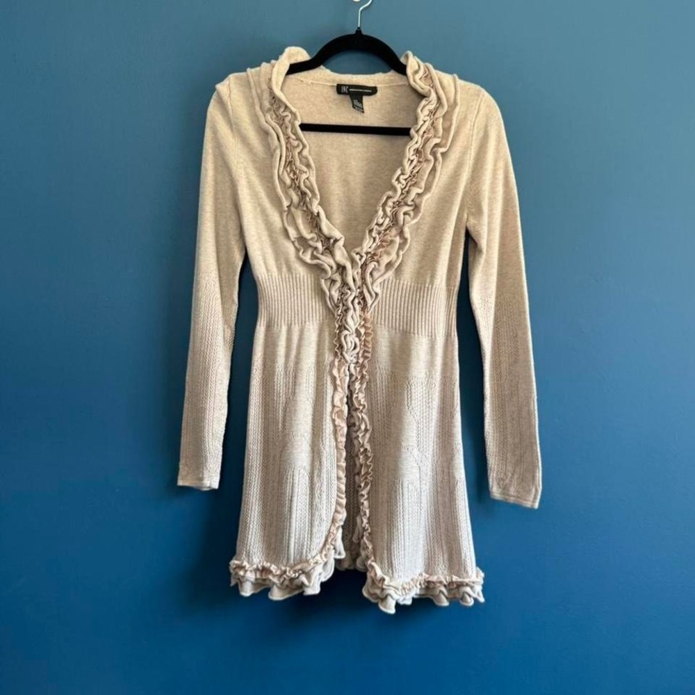 Y2K Ruffle Cardigan Women's Size Medium Inc Beige Knit Fairy Indie Coquette